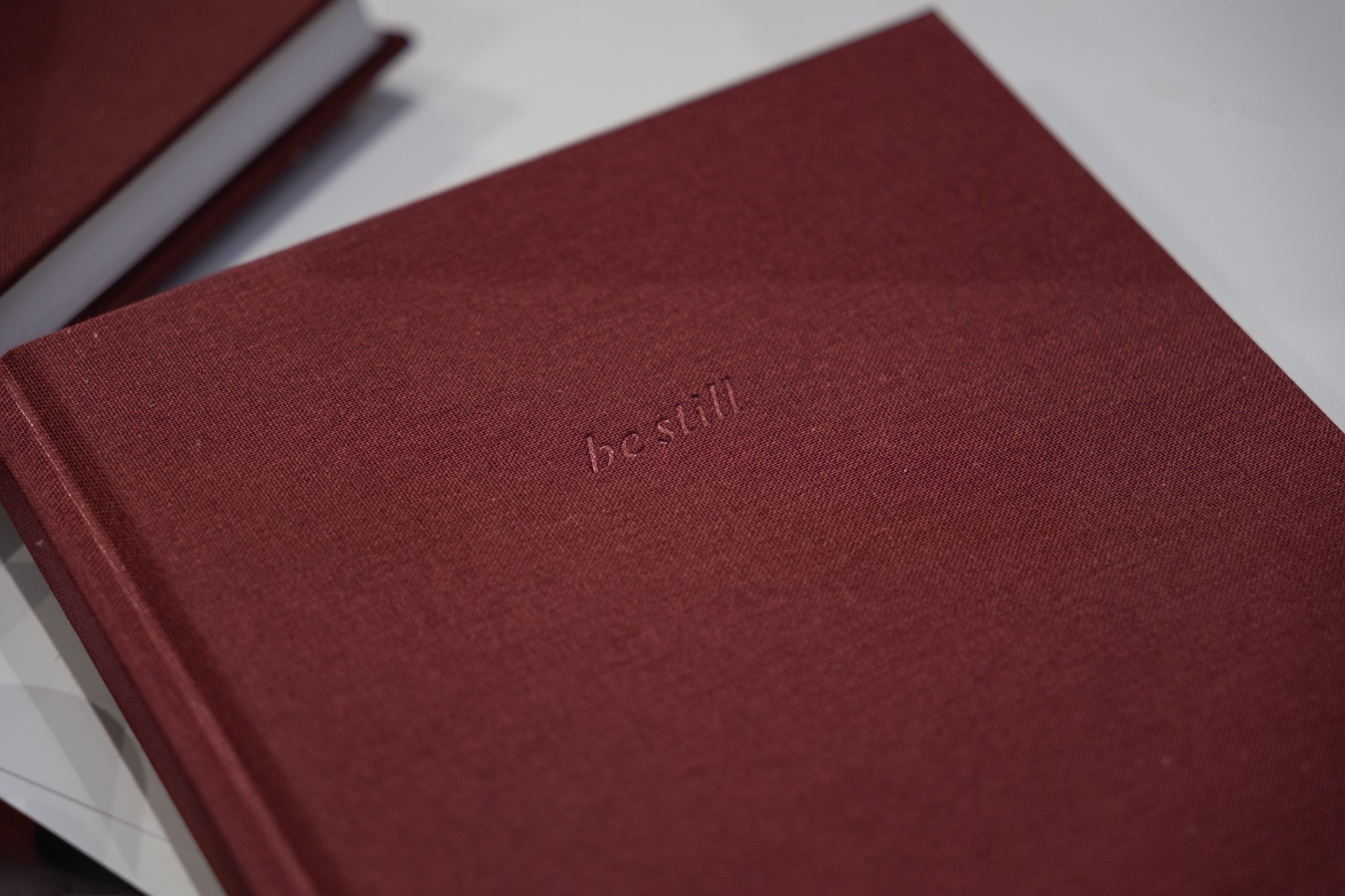 The blind debossed be still mark in the Bark cloth cover, photographed at the bindery
