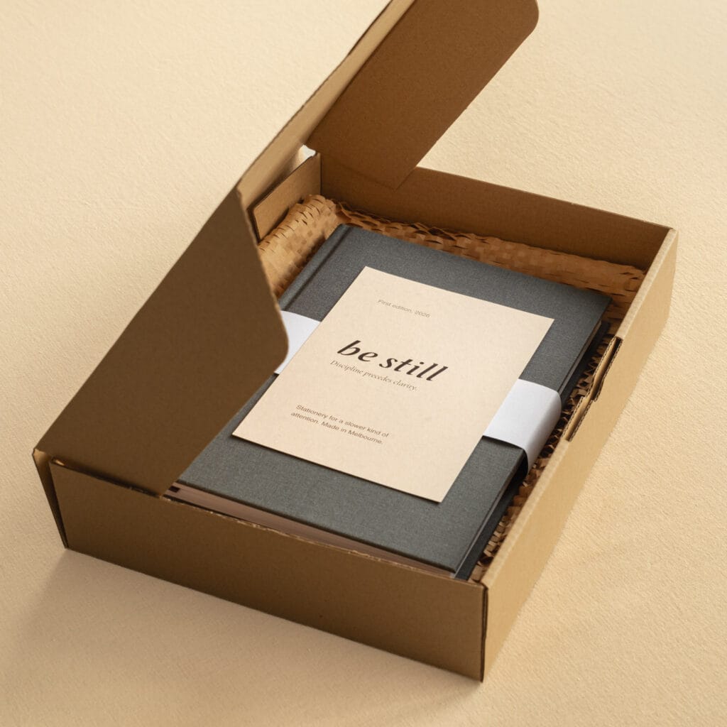 The Slate be still A5 journal in its kraft gift box with the lid open