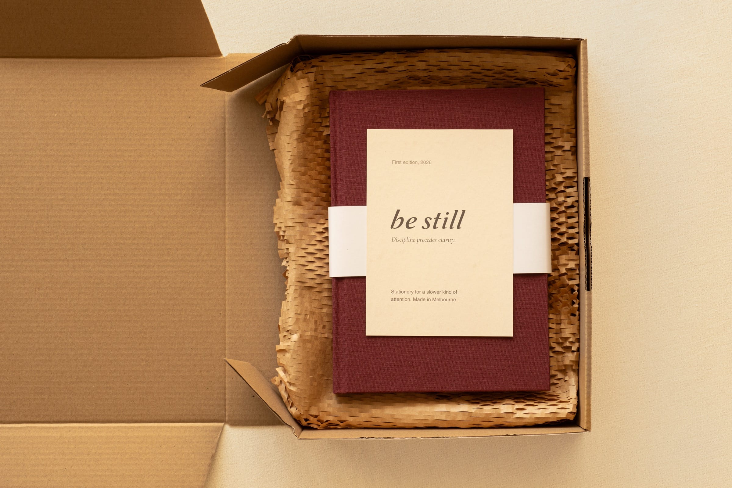 The be still A5 journal in its gift box, seen from above